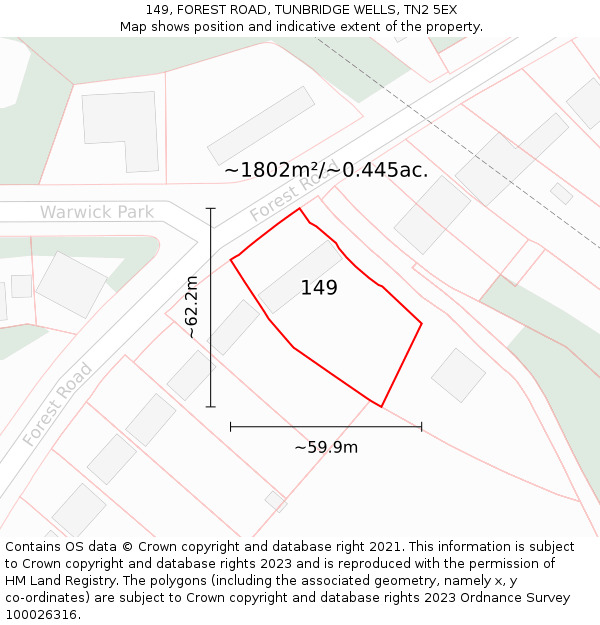 149, FOREST ROAD, TUNBRIDGE WELLS, TN2 5EX: Plot and title map