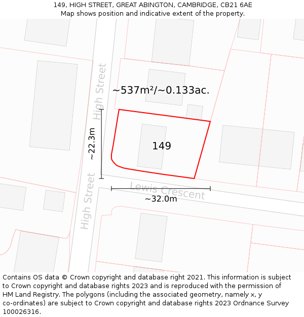 149, HIGH STREET, GREAT ABINGTON, CAMBRIDGE, CB21 6AE: Plot and title map