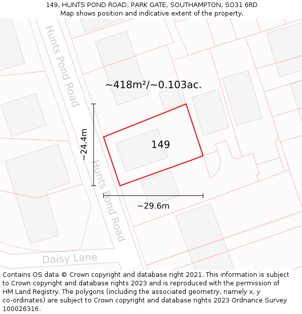 149, HUNTS POND ROAD, PARK GATE, SOUTHAMPTON, SO31 6RD: Plot and title map