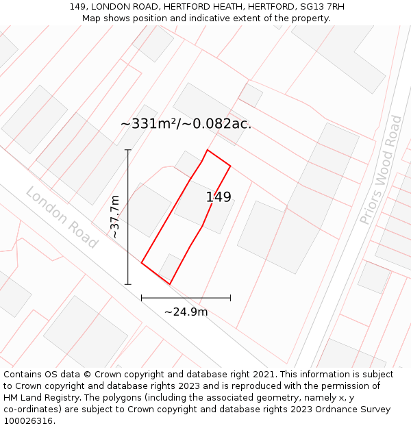 149, LONDON ROAD, HERTFORD HEATH, HERTFORD, SG13 7RH: Plot and title map