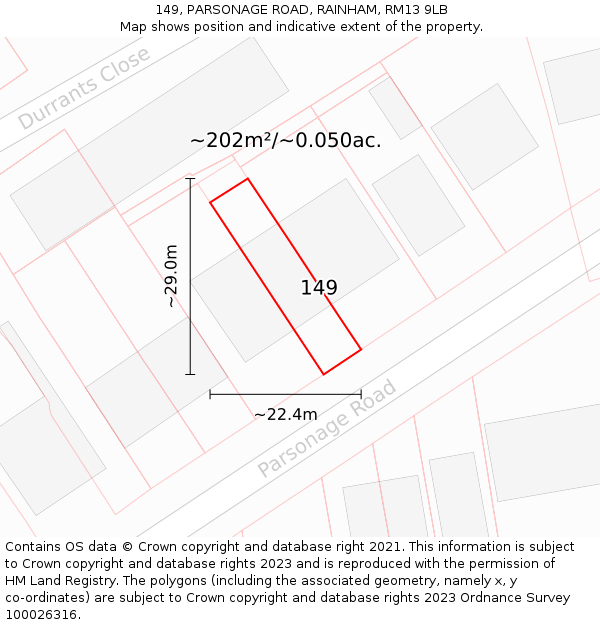 149, PARSONAGE ROAD, RAINHAM, RM13 9LB: Plot and title map