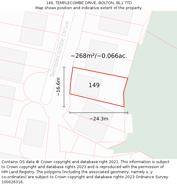 149, TEMPLECOMBE DRIVE, BOLTON, BL1 7TD: Plot and title map