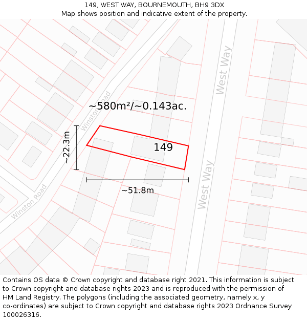 149, WEST WAY, BOURNEMOUTH, BH9 3DX: Plot and title map