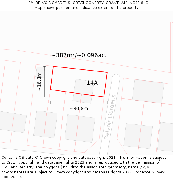 14A, BELVOIR GARDENS, GREAT GONERBY, GRANTHAM, NG31 8LG: Plot and title map