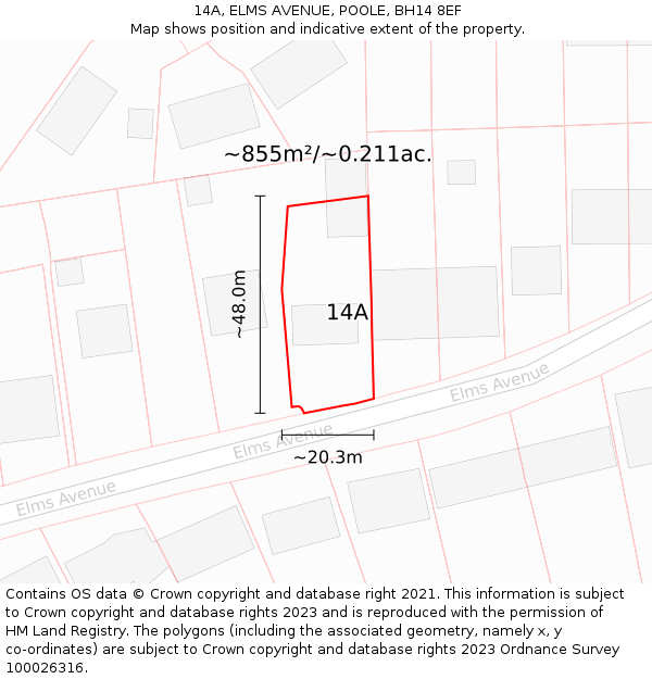14A, ELMS AVENUE, POOLE, BH14 8EF: Plot and title map