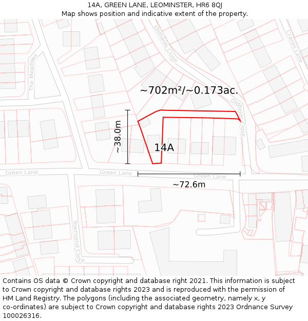 14A, GREEN LANE, LEOMINSTER, HR6 8QJ: Plot and title map