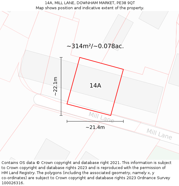 14A, MILL LANE, DOWNHAM MARKET, PE38 9QT: Plot and title map