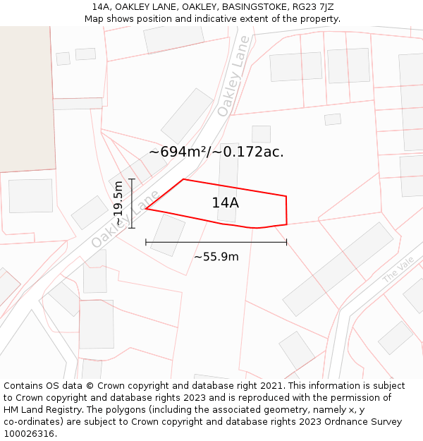 14A, OAKLEY LANE, OAKLEY, BASINGSTOKE, RG23 7JZ: Plot and title map