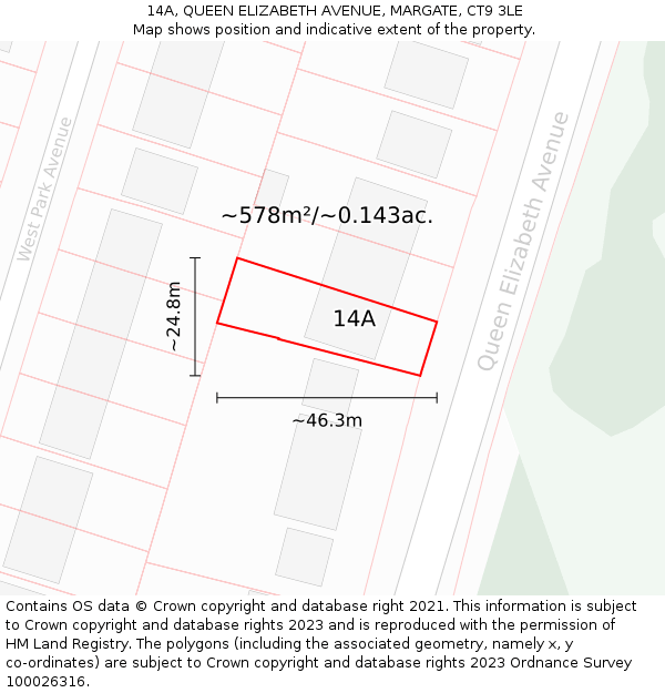 14A, QUEEN ELIZABETH AVENUE, MARGATE, CT9 3LE: Plot and title map