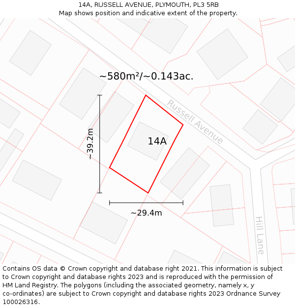 14A, RUSSELL AVENUE, PLYMOUTH, PL3 5RB: Plot and title map