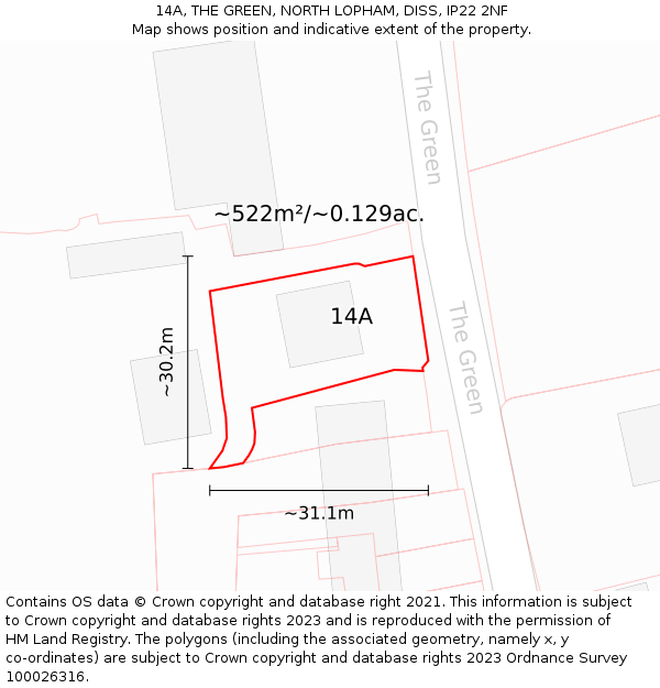 14A, THE GREEN, NORTH LOPHAM, DISS, IP22 2NF: Plot and title map