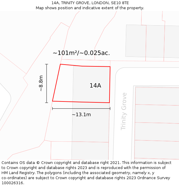 14A, TRINITY GROVE, LONDON, SE10 8TE: Plot and title map