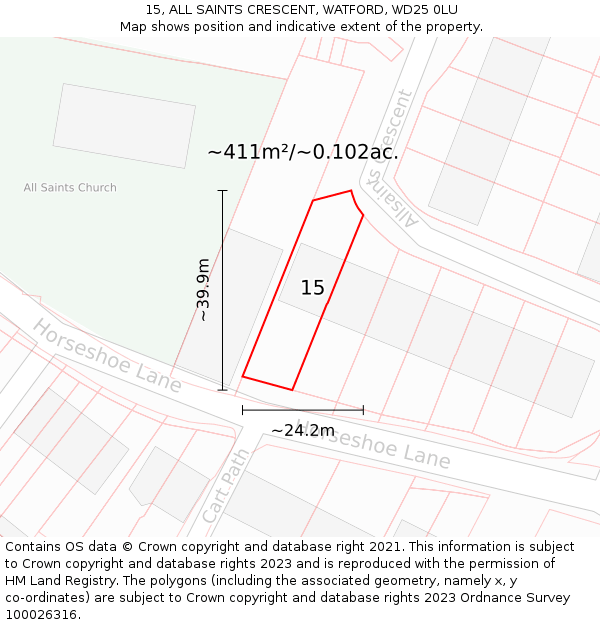 15, ALL SAINTS CRESCENT, WATFORD, WD25 0LU: Plot and title map