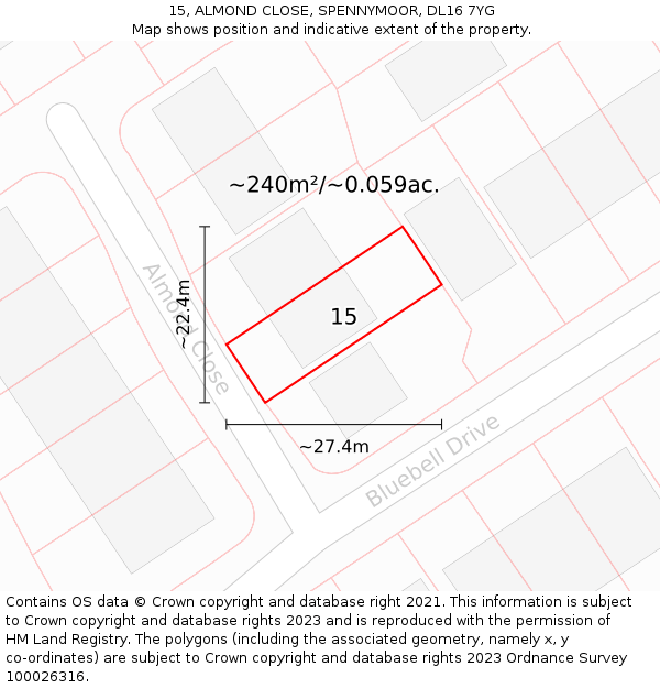 15, ALMOND CLOSE, SPENNYMOOR, DL16 7YG: Plot and title map