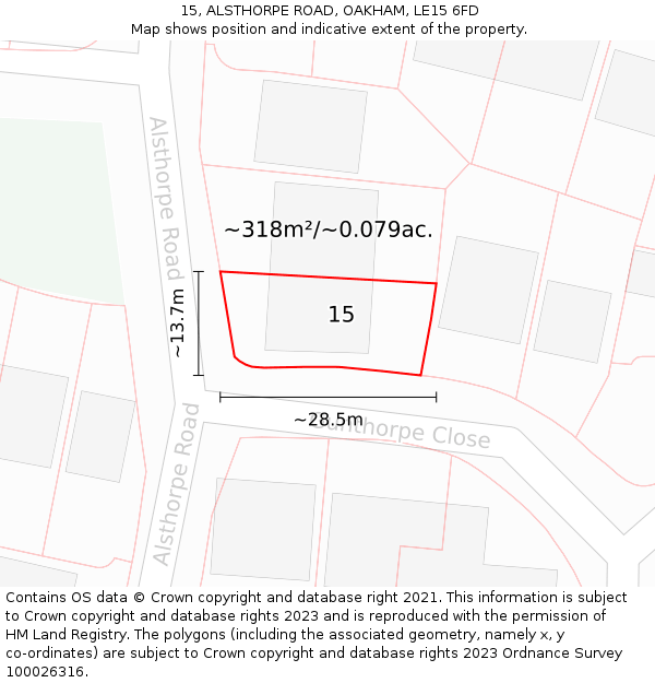 15, ALSTHORPE ROAD, OAKHAM, LE15 6FD: Plot and title map