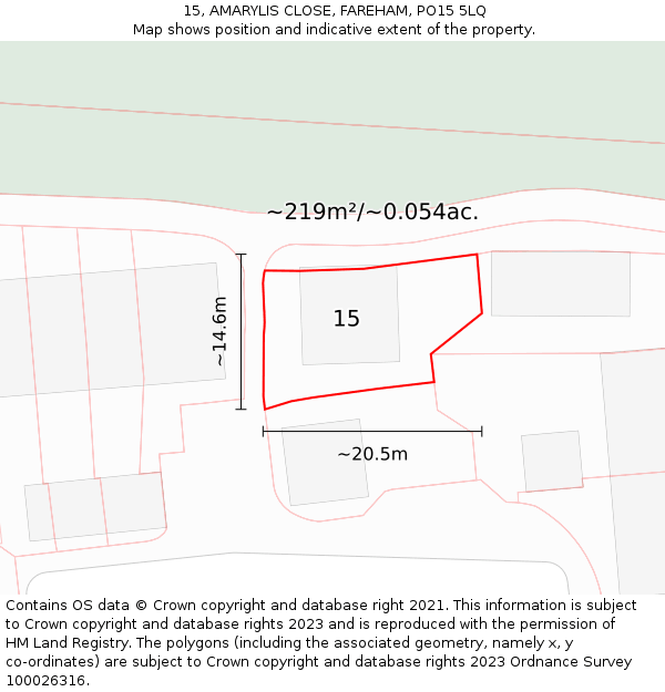 15, AMARYLIS CLOSE, FAREHAM, PO15 5LQ: Plot and title map