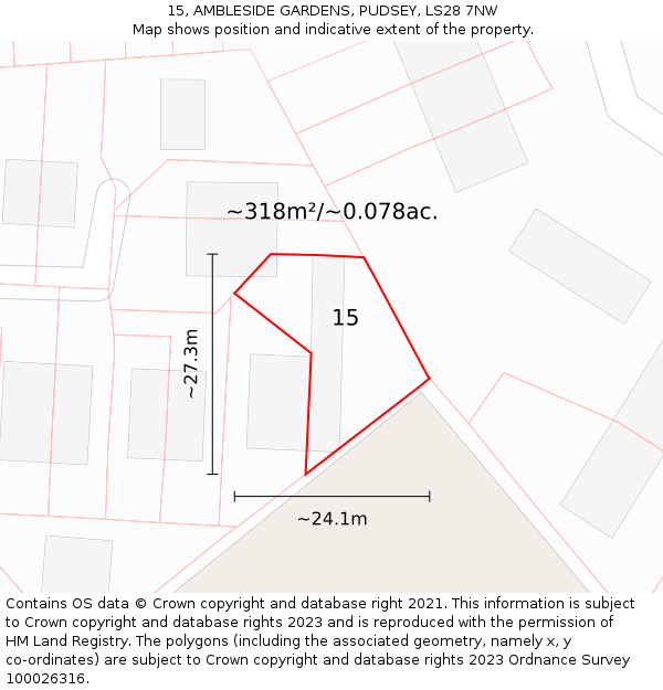 15, AMBLESIDE GARDENS, PUDSEY, LS28 7NW: Plot and title map