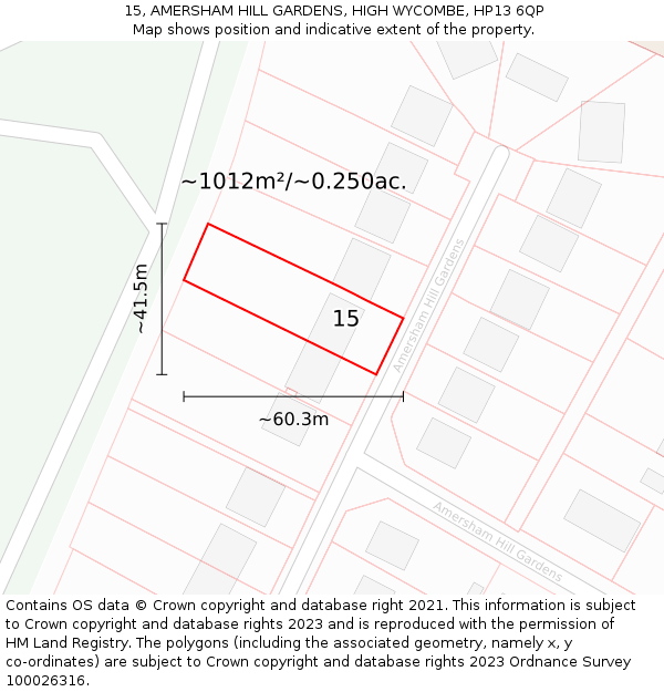 15, AMERSHAM HILL GARDENS, HIGH WYCOMBE, HP13 6QP: Plot and title map