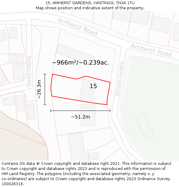 15, AMHERST GARDENS, HASTINGS, TN34 1TU: Plot and title map