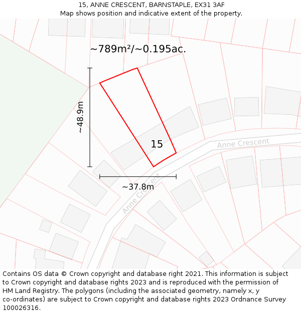 15, ANNE CRESCENT, BARNSTAPLE, EX31 3AF: Plot and title map