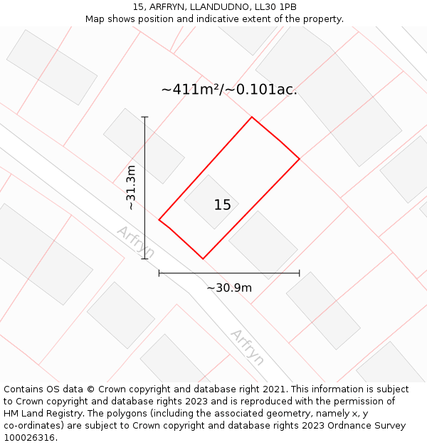 15, ARFRYN, LLANDUDNO, LL30 1PB: Plot and title map