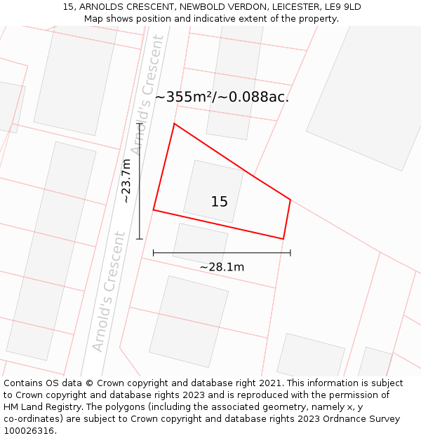 15, ARNOLDS CRESCENT, NEWBOLD VERDON, LEICESTER, LE9 9LD: Plot and title map