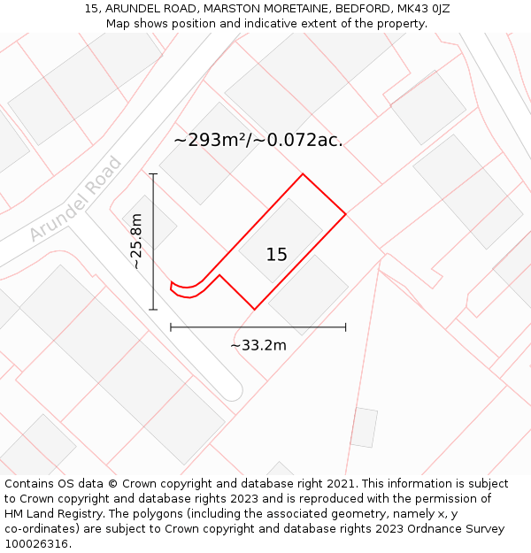 15, ARUNDEL ROAD, MARSTON MORETAINE, BEDFORD, MK43 0JZ: Plot and title map