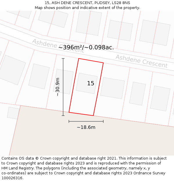 15, ASH DENE CRESCENT, PUDSEY, LS28 8NS: Plot and title map