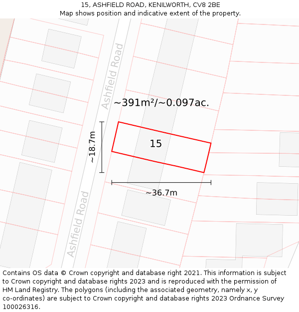 15, ASHFIELD ROAD, KENILWORTH, CV8 2BE: Plot and title map