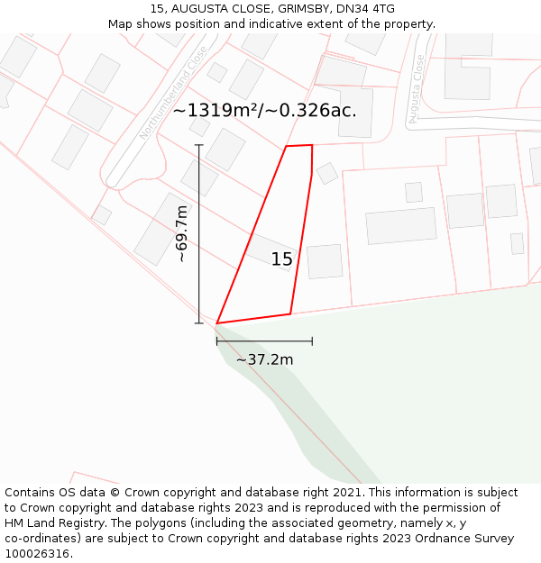 15, AUGUSTA CLOSE, GRIMSBY, DN34 4TG: Plot and title map