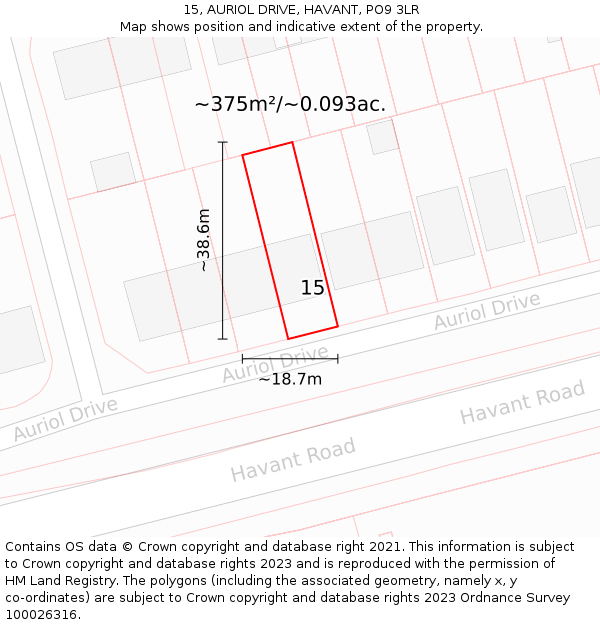 15, AURIOL DRIVE, HAVANT, PO9 3LR: Plot and title map