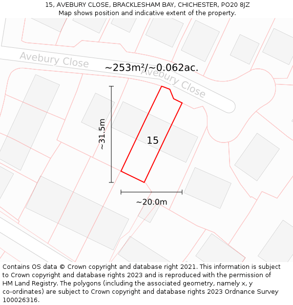 15, AVEBURY CLOSE, BRACKLESHAM BAY, CHICHESTER, PO20 8JZ: Plot and title map