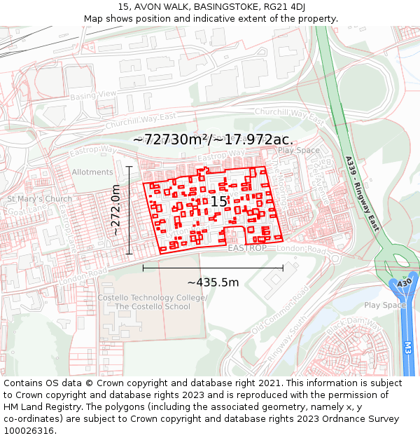 15, AVON WALK, BASINGSTOKE, RG21 4DJ: Plot and title map