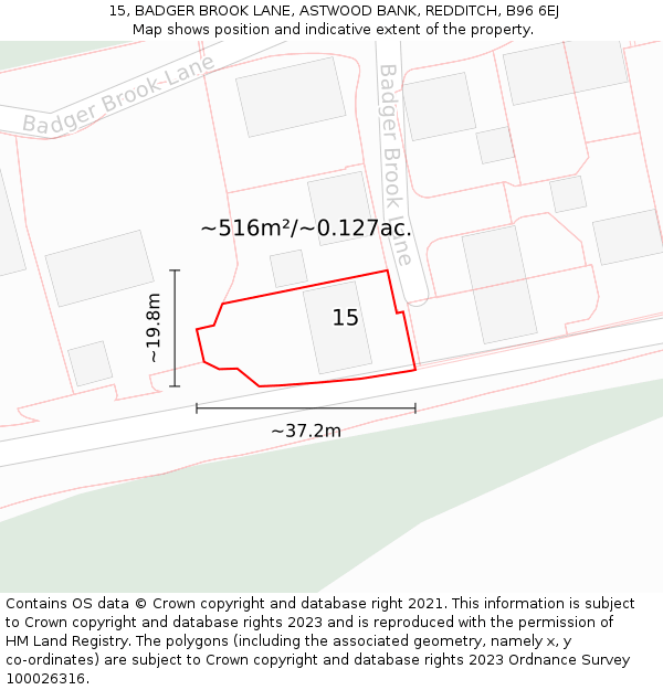 15, BADGER BROOK LANE, ASTWOOD BANK, REDDITCH, B96 6EJ: Plot and title map