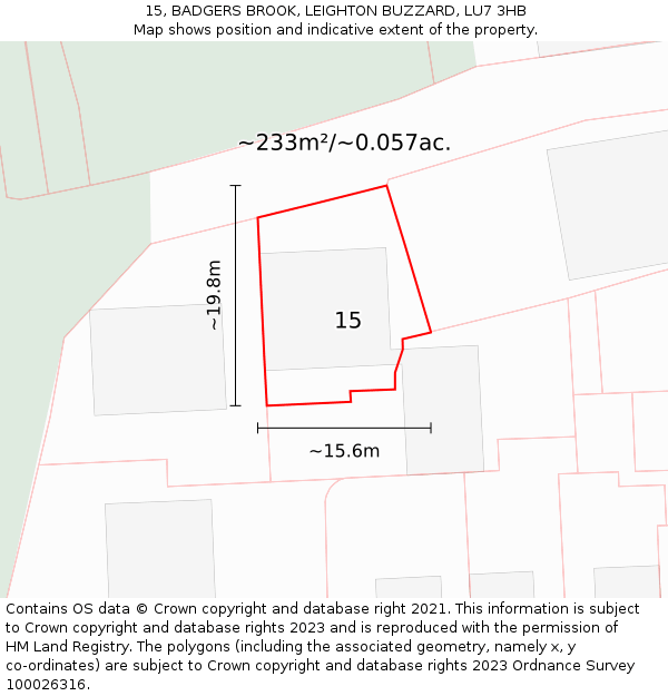 15, BADGERS BROOK, LEIGHTON BUZZARD, LU7 3HB: Plot and title map