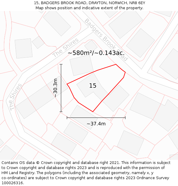 15, BADGERS BROOK ROAD, DRAYTON, NORWICH, NR8 6EY: Plot and title map