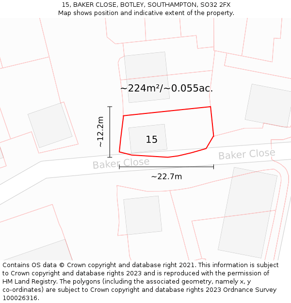 15, BAKER CLOSE, BOTLEY, SOUTHAMPTON, SO32 2FX: Plot and title map