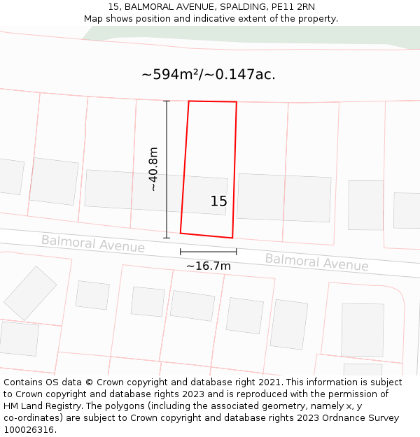 15, BALMORAL AVENUE, SPALDING, PE11 2RN: Plot and title map