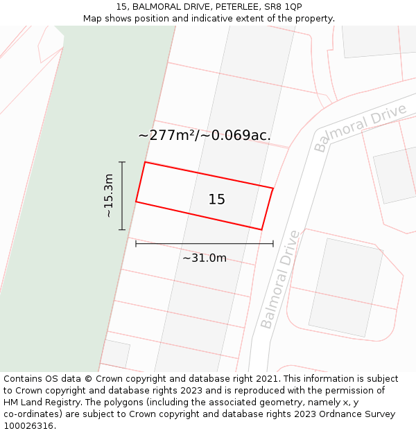 15, BALMORAL DRIVE, PETERLEE, SR8 1QP: Plot and title map