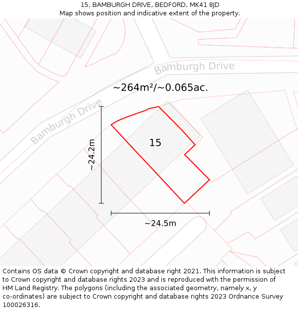 15, BAMBURGH DRIVE, BEDFORD, MK41 8JD: Plot and title map