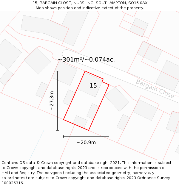 15, BARGAIN CLOSE, NURSLING, SOUTHAMPTON, SO16 0AX: Plot and title map