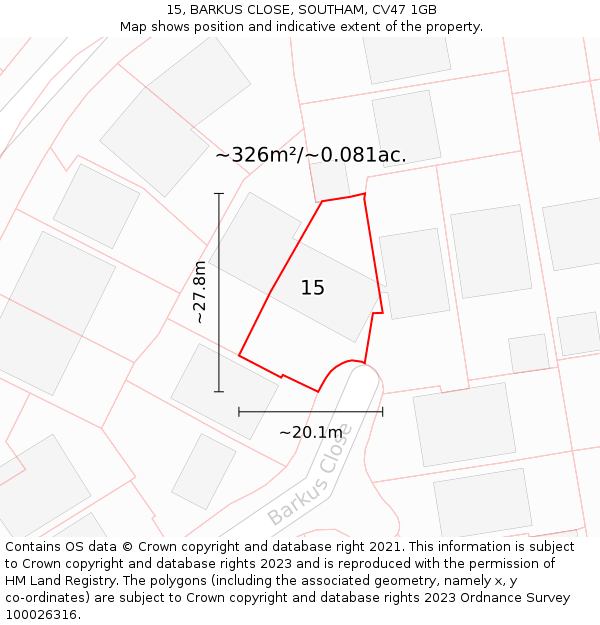 15, BARKUS CLOSE, SOUTHAM, CV47 1GB: Plot and title map