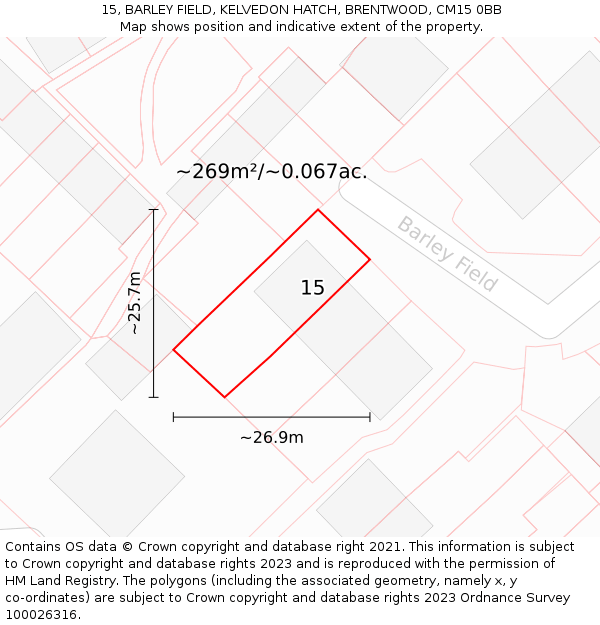 15, BARLEY FIELD, KELVEDON HATCH, BRENTWOOD, CM15 0BB: Plot and title map