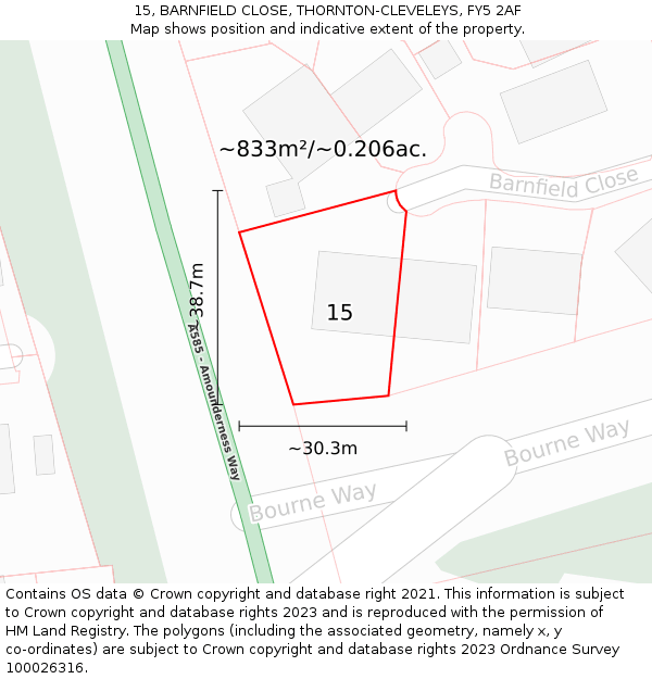 15, BARNFIELD CLOSE, THORNTON-CLEVELEYS, FY5 2AF: Plot and title map
