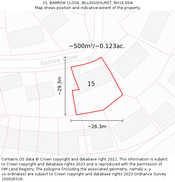 15, BARROW CLOSE, BILLINGSHURST, RH14 9SW: Plot and title map