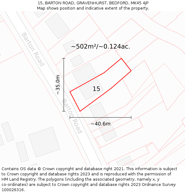 15, BARTON ROAD, GRAVENHURST, BEDFORD, MK45 4JP: Plot and title map