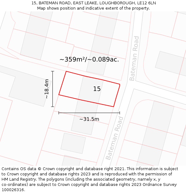 15, BATEMAN ROAD, EAST LEAKE, LOUGHBOROUGH, LE12 6LN: Plot and title map