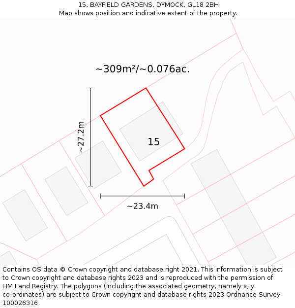 15, BAYFIELD GARDENS, DYMOCK, GL18 2BH: Plot and title map