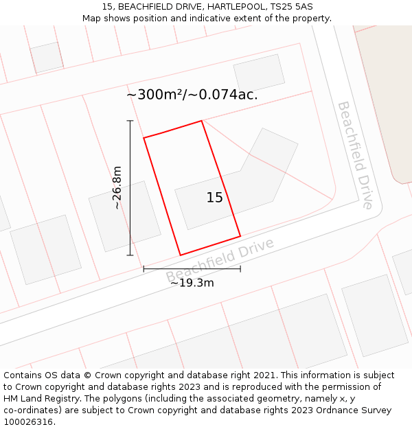 15, BEACHFIELD DRIVE, HARTLEPOOL, TS25 5AS: Plot and title map