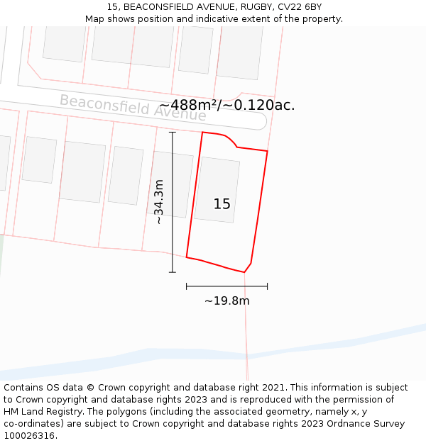 15, BEACONSFIELD AVENUE, RUGBY, CV22 6BY: Plot and title map